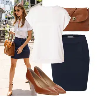 Outfit s Tmavě modrá/Krémová/Žlutá/Bílá Sukně Pro Vysokou Školu/60tého Léta Sukně/Krátká Sukně/90tá Léta Sukně/80tého Léta Sukně/Moderní Sukně/Pletená Sukně/70tá Léta MiniSukně/Tužková Sukně/Unisex Sukně/Sukně boucle Ichi "Outfity na každý den"