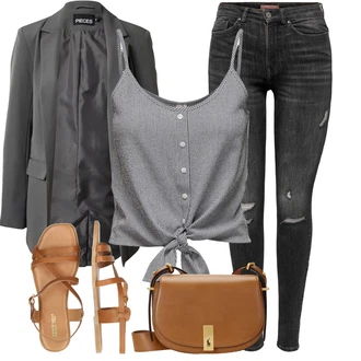 Punk Outfit s Černá/Světle šedá/Tmavě šedá/Šedá Kožené bundy/Džíny s Dírou/Džíny s Rozparkem/Motorkářské Džíny/Kožená bunda Only "Nonšalantní look pro volný čas"Look: Styl, 90tá léta, Cool, Old Money, Punk, Bezešvé, Techno