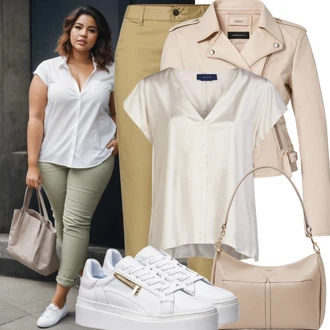 Outfit s Béžová Vzorovaná Halenka/Halenka s Dlouhým Rukávem/Sportovní Halenka/Slip-on Halenka/Halenka se Stojatým Límcem/Crash blůza/Oversize Halenka evoked "Pohodlný Velké Velikosti Styl"