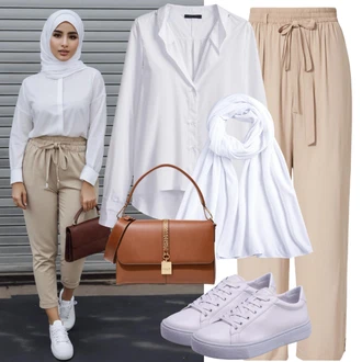 outfit mit Bela/Bež/Khaki/Rjava Šal/Ruta Calvin Klein "Poletna hidžab moda"