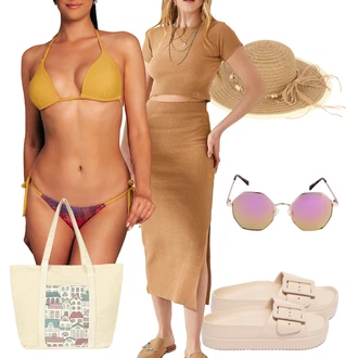 outfit mit Bež/Rumena/Rjava Izrezani bikini/Vintage Bikiniji/Bikini z vratnim ovratnikom/Vrvice-bikini/Usnjene jakne za moške/Brazilska bikini/Mikro bikini/Zaviti bikini/Trikotni bikini edoti "poletna obleka"