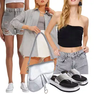 outfit mit Rjava/Siva/Svetlo siva Srajca za prosti čas/Srajčna Bluza/Obrezana majica/Musselin srajca/Slap-izrez majica/Čipkasta srajca trend alaçatı stili "poletna obleka"