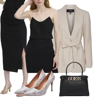 outfit mit Črna/Bela/Roza Krilo iz 90-ih/Krilo do Teleta/Koktajl krilo/Pletena krila/Midi krilo/Moderno krilo/Pencil krilo/Krilo za zavezovanje/Zavito Krilo orsay "poletna obleka"