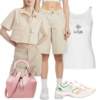 Prevelik outfit mit Bež/Khaki Majica Kratka Hlača/Paperbag-Kratke hlače/Kratke hlače Musselin/Chino Kratke hlače/Cargo Kratke hlače/Bermuda/Baggy Kratke hlače Urban Classics "poletna obleka"Look: Priložnostne, Egirl, Prevelik, Safari, Pametno priložnostno, Unisex, Delovna oblačila