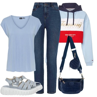 Športno outfit mit Svetlo modra/Modra/Rdeča Kratka Jakna/Crop Jakna/Box Jakna/Izjemna Jakna Tommy Jeans "poletna obleka"Look: Ribi, Univerzitetni, Športno, Rap, Hip Hop, Lepo