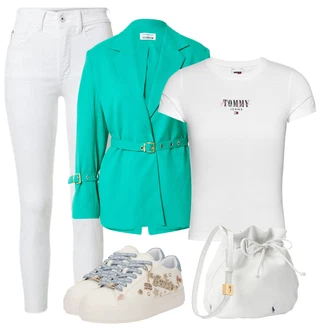 outfit mit Črna/Temno modra/Bela/Zelena Srajca & majica velike velikosti/Majica & Top/Bluza velika velikost Tommy Jeans Curve "poletna obleka"