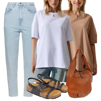50. leta outfit mit Svetlo modra/Modra Odrezane Kavbojke/Dad Kavbojka/Girlfriend Kavbojke/Kavbojke Visokega Pasu/Mom Jean/Zožene Kavbojke Tommy Jeans "poletna obleka"Look: Mom, 50. leta, Klasična, Eleganten, Lepo, Prevelik, Retro, Preproste, Modna, Vintage