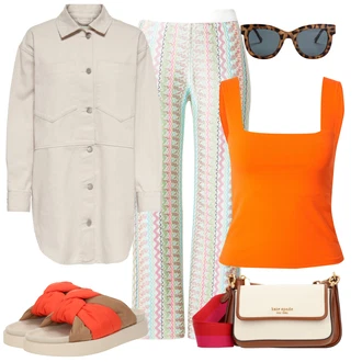 outfit mit Bela/Oranžna/Roza/Mešane barve/Svetlo modra Hlača za Obleko/Hlače Hlača za Plažo/Zvončaste Hlače/Hlača iz Blaga/Razširjena Hlača/Marlene Hlača/Hlače iz muslina/Palazzo Hlača/Hlača z Razporkom/Hlača s Potiskom/Tradicionalna Hlača/Hlača iz Tvida/Svečani Hlačni Kostum/Športno eleganten hlačni kostim/Moderni hlačni kostim/Hlačna Obleka za Poroko/Eleganten hlačni kostim marc cain "poletna obleka"