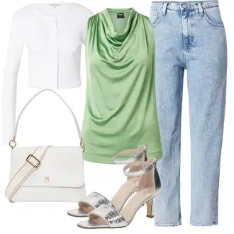 Italijanska outfit mit Turkizna/Svetlo zelena/Zelena Majica & Top/Usnjena jakna za moške/Bluza brez rokavov Boss "Poletni outfit"Look: Nor, Stil, Disko, Irski, Italijanska, Mom, Stari denar, Overdressed, Brez šivov