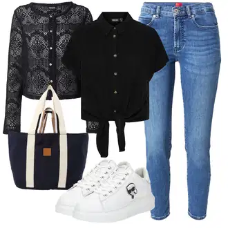 outfit mit Modra/Svetlo modra Kavbojke Visokega Pasu/Kavbojke z Razporkom/Ženske 7/8 Kavbojke/Gležnarji/Odrezane Kavbojke/Push up Kavbojke/Usnjena Jakna/Ozke Kavbojke/Kavbojke na Poteg/Usnjene Čevlje/Zimska jakna Hugo "Poletni outfit"
