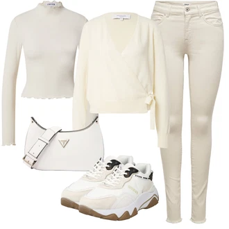 outfit mit Bež/Bela/Khaki Usnjena Jakna/Motoristične Kavbojke/Kavbojke z Razporkom/Kavbojka z Nizkim Pasom/Kavbojka z Nizkim Pasom/Push up Kavbojke/Ozke Kavbojke/Usnjene Čevlje/Termodžinsi Only "Poletni outfit"