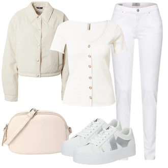 Zunaj outfit mit Bela/Krem Usnjena Jakna/Ženske 7/8 Kavbojke/Gležnarji/Capri Kavbojke/Športni čevlji/Odrezane Kavbojke/Kavbojke z Razporkom/Kavbojka z Nizkim Pasom/Push up Kavbojke/Regular Fit Kavbojke/Ozke Kavbojke/Kavbojke na Poteg/Usnjene Čevlje/Trenirka Jeans/Termodžinsi/Moška Usnjena Jakna LTB "Poletni outfit"Look: Stil, Klasična, Kul, Zunaj, Brez šivov, Preproste, Pametno priložnostno, Unisex