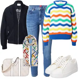 outfit mit Modra/Svetlo modra Kavbojke Visokega Pasu/Kavbojke z Razporkom/Ženske 7/8 Kavbojke/Gležnarji/Odrezane Kavbojke/Push up Kavbojke/Usnjena Jakna/Ozke Kavbojke/Kavbojke na Poteg/Usnjene Čevlje/Zimska jakna Hugo "Poletni outfit"