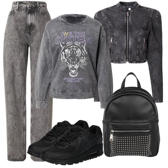 Techno Usnje outfit mit Črna/Krem/Bela/Siva Mini nahrbtnik/Mini nahrbtnik About You "Poletni outfit"Look: Zunaj, Gotika, Metal, Modernen, Pank, Techno