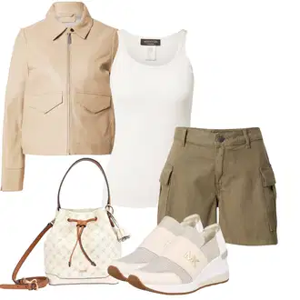 outfit mit Bela/Roza/Khaki/Rjava/Bež Superga Usnjene superge/Superge Nizka/Superge brez vezalk/Nogavica čevelj/Poletne superge MICHAEL Michael Kors "Poletni outfit"
