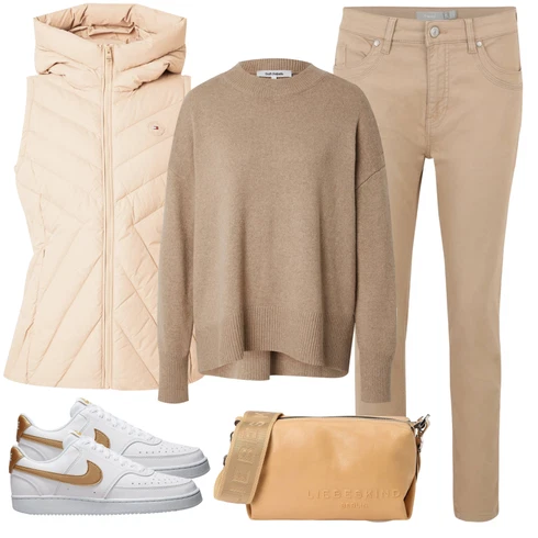 Bež Hlače velike velikosti Poletje kombinirajte z Bež/Khaki/Rjava Hlače velike velikosti/Kavbojke Fransa, Tommy Hilfiger, soft rebels, Bela/Rjava/Zlati Usnjene Superge/Superge Nizke/ Skate Obutev/Vintage superge Nike Sportswear, Liebeskind Berlin
