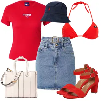 outfit mit Rdeča Kopalka Usnjene jakne za moške/Balkonet bikini zgornji del/Bikini z vratnim ovratnikom/Podloženi bikini/Usnjeni moški pasovi/Push-up Kopalke/Trikotni bikini "Poletni outfit"