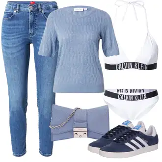 outfit mit Modra/Svetlo modra Kavbojke Visokega Pasu/Kavbojke z Razporkom/Ženske 7/8 Kavbojke/Gležnarji/Odrezane Kavbojke/Push up Kavbojke/Usnjena Jakna/Ozke Kavbojke/Kavbojke na Poteg/Usnjene Čevlje/Zimska jakna Hugo "Poletni outfit"