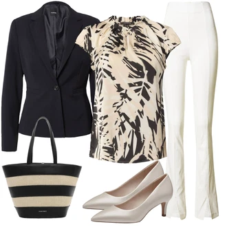 outfit mit Bež/Bela/Črna/Rjava Košarasta torba/Plažna torba/Torba iz rafije/Nakupovalna torba/Nakupovalka Suri Frey "Poletni outfit"