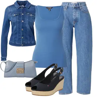 Western outfit mit Temno modra/Svetlo modra/Modra Denim Jakna/Kratka Denim Jakna/Vintage Jakna Tommy Jeans "Poletni outfit"Look: Nor, Lak, 90. leta, Kul, Morski, Mom, Lepo, Univerzitetni, Western, Delovna oblačila, Retro