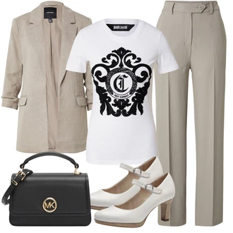 Z Cutworkom outfit mit Krem/Rjava/Bela Majica s potiskom/Majica & Top/Lepa Majica/Grafična majica/Tiskana majica Just Cavalli "Poletni outfit"