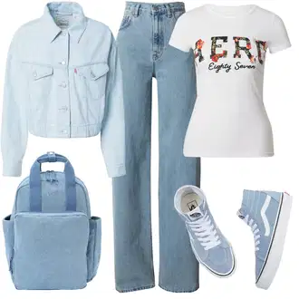 90. leta, Stil outfit mit Svetlo modra/Modra Široke Kavbojke/Baggy Kavbojke/Dad Kavbojka/Kavbojke Visokega Pasu/Culotte Kavbojke/Kavbojke z Razporkom/Široke Kavbojke/Mom Jean/Vintage kavbojke Leger by Lena Gercke "Poletni outfit"Look: Stil, 90. leta, Stari denar