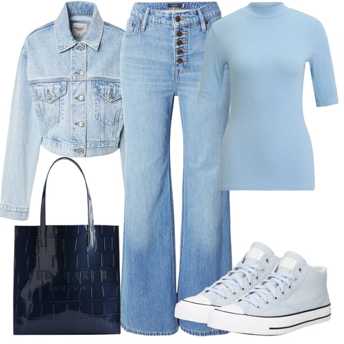 Svetlo modra Široke Kavbojke kombinirajte z Svetlo modra/Modra Denim Jakne/Crop Jakne/Kratke Jakne/Kratke Denim Jakne/Vintage Jakne Abercrombie & Fitch, Svetlo modra/Modra Kavbojke Visokega Pasu/Kavbojke z Razporkom/Bootcut Kavbojke/Šiškate Kavbojke/Culotte Kavbojke/Vintage Kavbojke/Široke Kavbojke Polo Ralph Lauren, Svetlo modra/Modra Majica z ovratnikom/Majice & Topi/Pletena majica Modström, Svetlo modra/Modra Platnene superge/Usnjene Superge/Superge Nizke/ Skate Obutev/Ozke superge/Superge Z Bočno Zadrgo/Zimske superge Converse, Temno modra/Modra Velike torbe/Poslovne torbe/Nakupovalne torbe/Nakupovalka Ted Baker