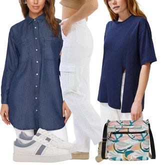 outfit mit Modra/Temno modra/Bela Priložnostni Vrh/Casual Majica/Pleteni vrh/Srajca Carmen/Moški tekaški copati/Kratka majica/Majica/Funkcijska Majica/Majica s kratkimi rokavi/Oversized majica s kratkimi rokavi/Klasična Dolžina/Majica Vrh Trendyol "poletni videz"