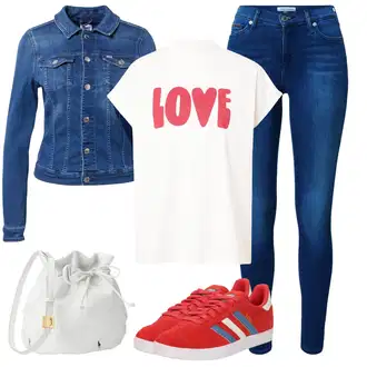 Western outfit mit Temno modra/Svetlo modra/Modra Denim Jakna/Kratka Denim Jakna/Vintage Jakna Tommy Jeans "poletni videz"Look: Nor, Lak, 90. leta, Kul, Morski, Mom, Lepo, Univerzitetni, Western, Delovna oblačila, Retro
