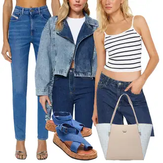 outfit mit Ženske 7/8 Kavbojke/Gležnarji/Športni čevlji/Odrezane Kavbojke/Kavbojka z Nizkim Pasom/Regular Fit Kavbojke/Usnjena Jakna/Ozke Kavbojke/Kavbojke na Poteg/Ravne Kavbojke/Usnjene Čevlje/Zožene Kavbojke Diesel "poletni videz"