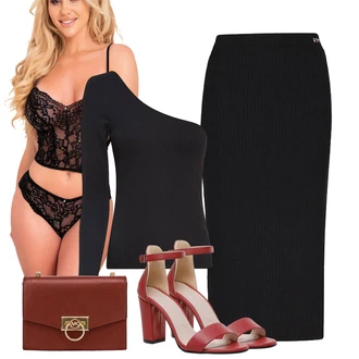 outfit mit Črna Klasična Dolžina/Pleteni vrh/Dolga majica/Srajca Carmen/Majica brez ramen/party Majica Tommy Jeans "poletni videz za elegantne ženske"