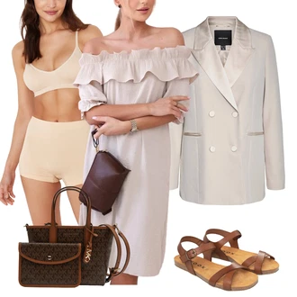 Eleganten Gost na poroki outfit mit Bež/Rjava/Škrlatna Obleka z odprtimi rameni/Carmen Obleka kesi "poletni videz za elegantne ženske"Look: Boemski, Boho, Eleganten, Overdressed, Emo, Plemenita, Fancy, Country slog, Vintage, Fina