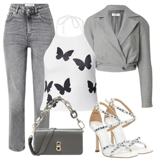 50. leta outfit mit Svetlo siva/Siva Kavbojke Visokega Pasu/Kavbojke z Razporkom/Ženske 7/8 Kavbojke/Odrezane Kavbojke/Dad Kavbojka/Girlfriend Kavbojke/Mom Jean/Regular Fit Kavbojke/Ravne Kavbojke/Zožene Kavbojke/Zimska jakna Won Hundred "poletni videz za elegantne ženske"Look: Stil, 50. leta, 90. leta, Kul