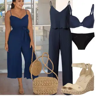 Šik Svatovski gost Outfit sa Tamnoplava/Plava Ljetni Kombinezon/Vjenčanje Kombinezon/Elegantni Kombinezon/Kombinezon širokih nogavica/Svečani Kombinezon/Kombinezon s halterima About You "Outfit za svaki dan"Look: Pomorski, Šik, Old Money, 20-ih godina, 90-ich, Ured, Radna odjeća, Jazz