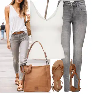 Outfit s Hnědá/Béžová Sandál S T Páskem/Vintage sandál/Páskový Sandál/Gladiátorská sandála/Římská sandála/Letní Bota About You "Skvělý vzhled pro volný čas"
