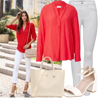 Zapínání na knoflíky Outfit s Červená/Růžová Halenka s Dlouhým Rukávem/Halenkový Top/Kožená bunda pro muže/Neobvyklá Halenka/Halenka se Stojatým Límcem/Jednobarevná Halenka/Slip-on Halenka/Crash blůza/Blůza s knoflíčkem About You "Hezký letní vzhled"
