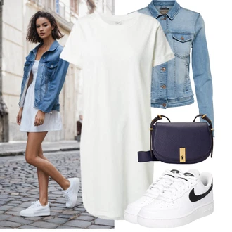 Outfit s Šedá/Krémová/Bílá Tričkové šaty JdY "Lehký outfit"