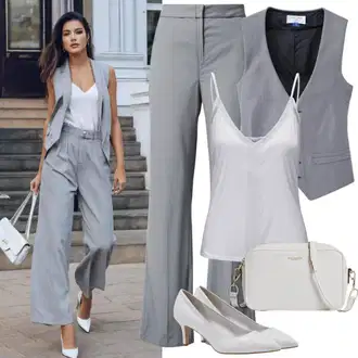 Z biseri outfit mit Svetlo siva/Siva/Rjava/Bež Eleganten Telovnik/Blezer brezrokavnik/Bluza pulover telovnik/Poslovni telovnik/Telovnik/Fino Pleten Brezrokavnik herskind "Praznični poletni outfit"