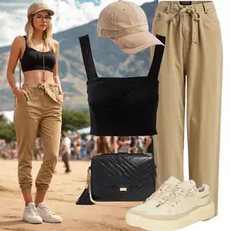 Ljeto Outfit sa Bež/Smeđa/Kaki Široka Hlača/Culotte Hlačice/Hlače s Prorezom/Lanene Hlače/Palazzo Hlača/Paperbag Hlača/Tradicionalna Hlača/Zvonaste Hlače/Hlače od muslina GAP "Rock Chic Festival Izgled"