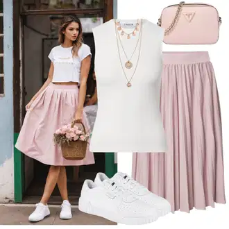 Outfit sa Ljubičasta/Pink Midi suknja od tila/Kratka plisirana suknja/Moderne Suknja/Suknja Iz 90-ih/Midi Suknja About You "Lijepi ljetni look"