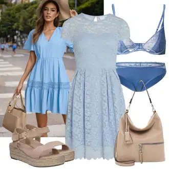 Outfit s Hnědá/Béžová Sandál Dianette/Římská sandála/Sandál S T Páskem/Rybářská sandála/Sandál se suchým zipem About You "Výrazný letní vzhled"