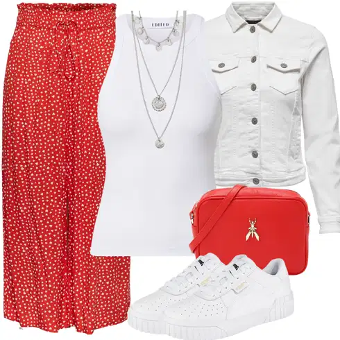 Kombinace Červená Mušelínové kalhoty/Široká Kalhoty/Kalhoty s Potiskem/Tradiční Kalhoty/Culotte Kalhoty/Plážová Kalhoty/Marlene Kalhoty/Palazzo Kalhoty Pieces kombinovat s Šedá/Krémová/Bílá/Světle šedá Bunda Džínové Bund/Krátký Bund/Letní Bund/Košilová Bunda/Krátký Bund/Krátké Džínové Bundičky Only