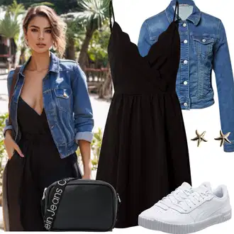 Ke kolenům Outfit s Černá Šaty Na Ramínko/Ležérní Šaty/Šaty Do Áčka/Letní Šaty/Skater šaty/Žerzejové Šaty/Podvazkové šaty/Šaty na tenké ramínko About You "Plážový outfit"