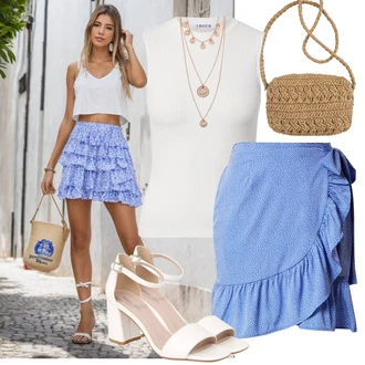 Slavnostní Outfit s Světle modrá/Modrá Zavinovací Sukně/Sukně Pro Matriku/Sukně Vrstevná/Italská Sukně/80tého Léta Sukně/90tá Léta Sukně/Vázací Sukně Only "Výrazný letní vzhled"Look: Cool, Slavnostní, Mom, Krásný, Retro