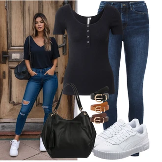 Károvaný Outfit s Modrá/Tmavě modrá/Světle modrá Kalhoty Džínové Legíny/Jeggings VERO MODA "Skvělý vzhled pro volný čas"