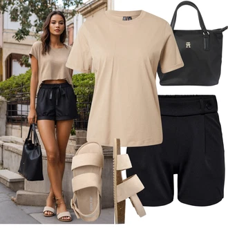 Outfit s Černá/Šedá/Tmavě modrá Košile Vysoký pas Kraťasy/Bermuda/Chino Kraťasy/Pytlovitý Šortky/Šortky/Teplákové šortky/Mušelínové Šortky JdY "Skvělý pro volný čas"
