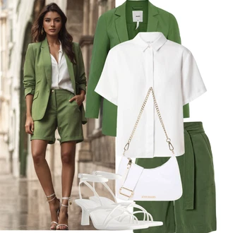 Outfit s Zelená/Tmavě zelená Bermuda/Mušelínové Šortky/Pytlovitý Šortky/Papírové Šortky/Lněný kraťas warehouse "Letní outfity"