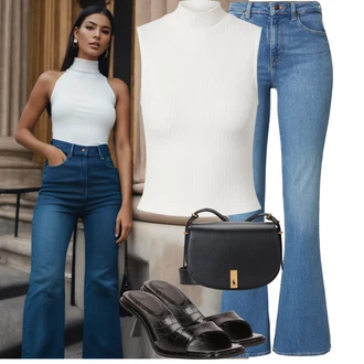 Outfity pro léto s Modrá/Sv?tle modrá Pánské tri?ko/Zvonové D?íny/High Waist D?ínové Kalhoty/D?íny s Rozparkem Lee "Letní outfity"