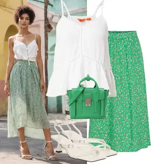 Midi Outfit s Krémová/Béžová/Bílá/Červená Sandály na hřídeli/Páskový Sandál/Sandál S T Páskem/Přezková bota/Sandál s podpatkem/Vintage sandál/Sandál Na Podpatku/Lodička Nízký Podpatek/Lodička S Páskem Topshop "Letní vzhled pro módní ženy"