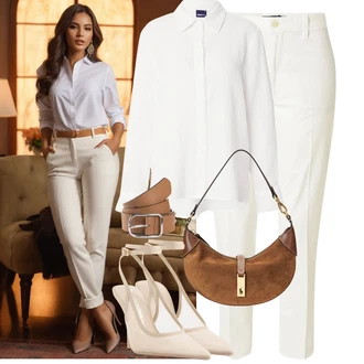 Outfit s Krémová/Bílá Halenka Blůza s knoflíčkem/Halenka se Stojatým Límcem/Businessová Halenka/Lněná Halenka/Halenka s Dlouhým Rukávem/Žehlení odolná blůza/Oversize Muselínová Blůza/Slip-on Halenka Gina Tricot "Letní outfity"